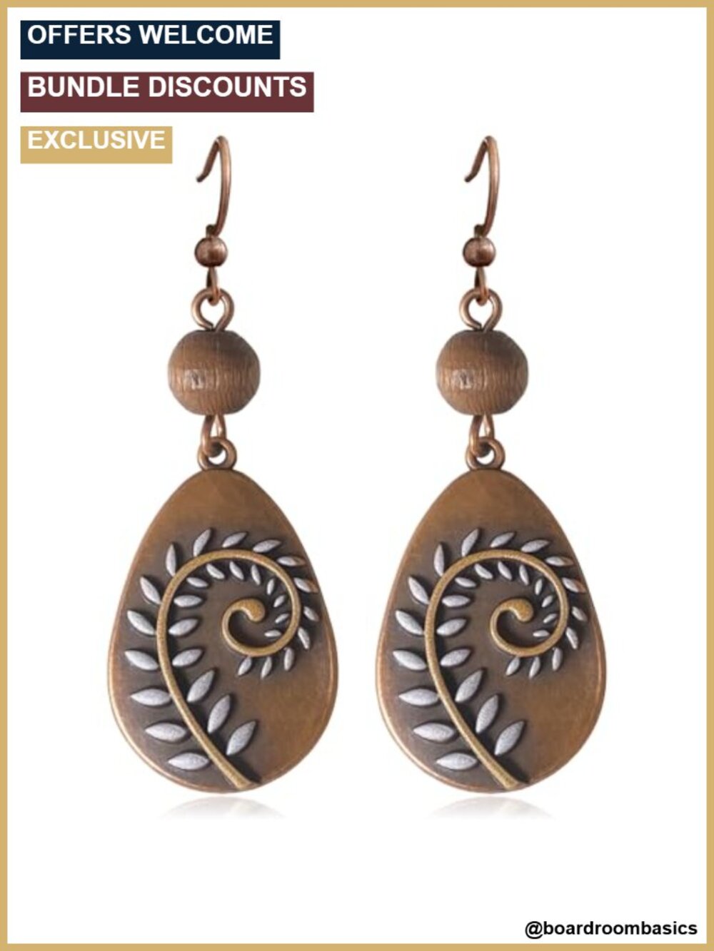 Bohemian Copper Tone Teardrop Dangle Drop Earrings with Wooden Bead Leaf